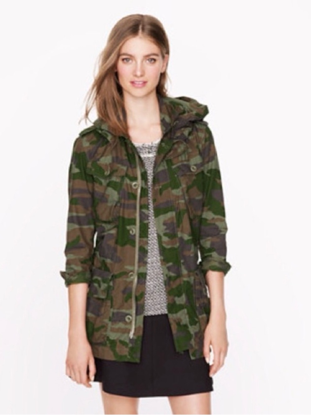 J. Crew Women's Hooded Camo Utility Jacket - Olive Multi